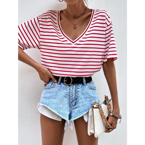 Classic preppy Striped V Neck Tee shirt top white black - Picture 11 of 11